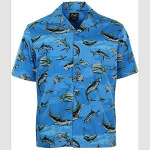 BENNY'S Mens Sharks Parrothead Hawaiian Shirt Short Sleeve Size 2X - Blue NWT
